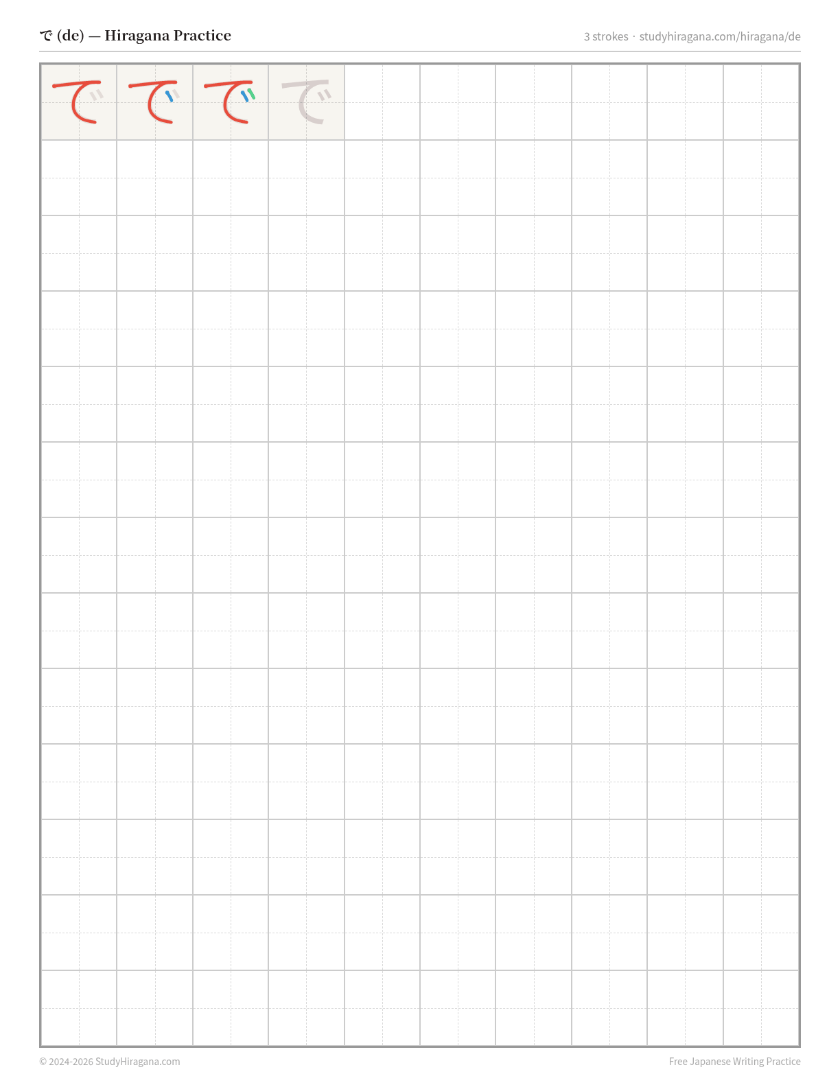Printable hiragana practice sheet for で (de) — trace the stroke order, then fill the grid
