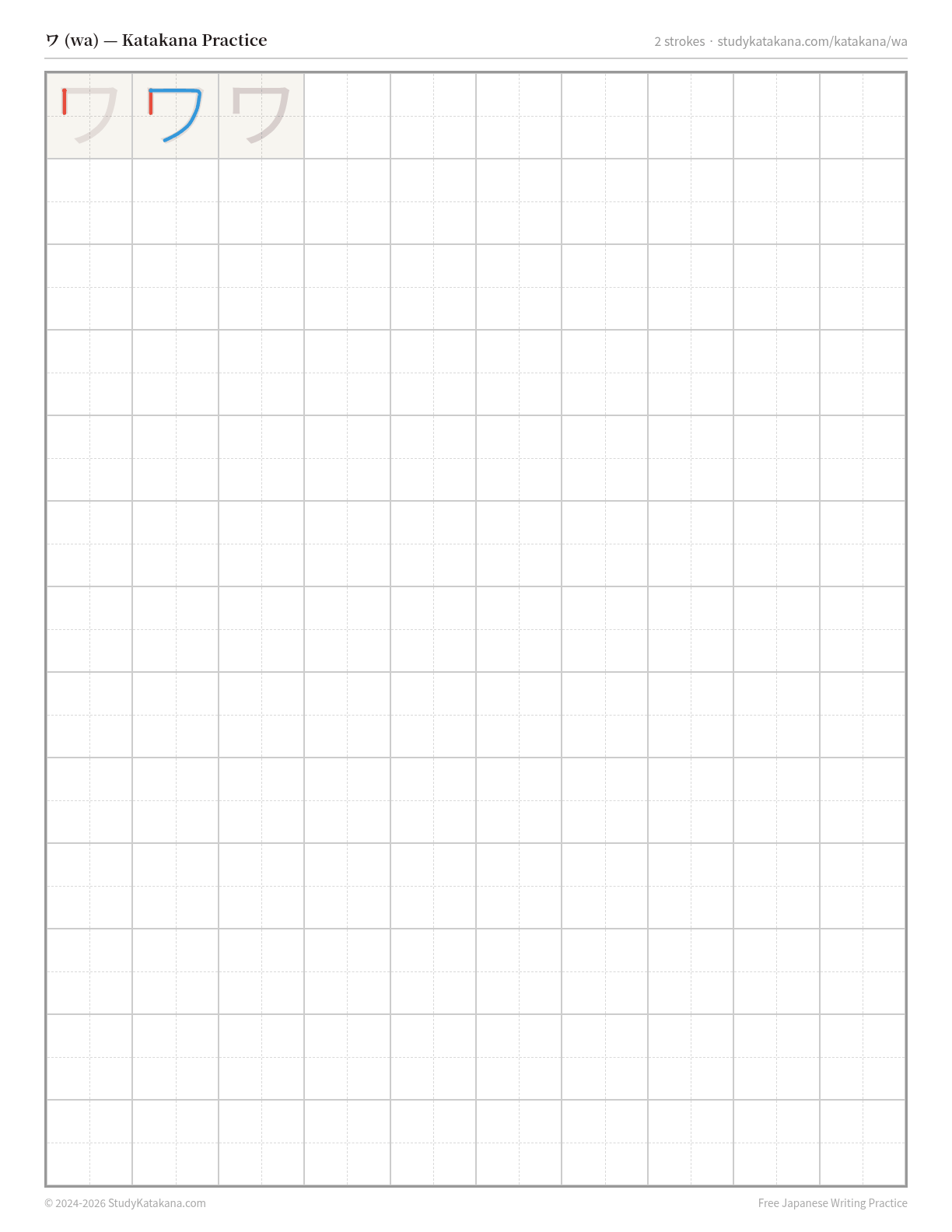 Printable katakana practice sheet for ワ (wa) — trace the stroke order, then fill the grid