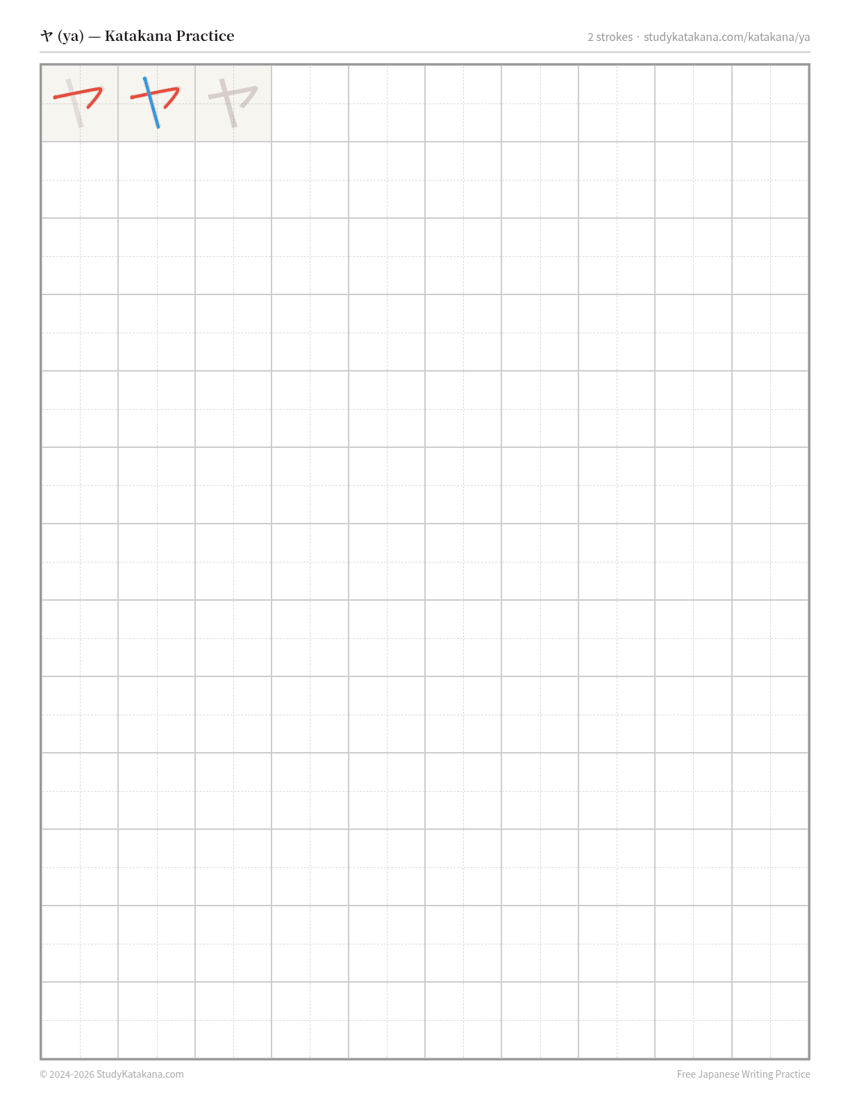 Printable katakana practice sheet for ヤ (ya) — trace the stroke order, then fill the grid